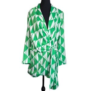 River Island Long SleeveGreen and White Geometric Wrap Blouse Size 6